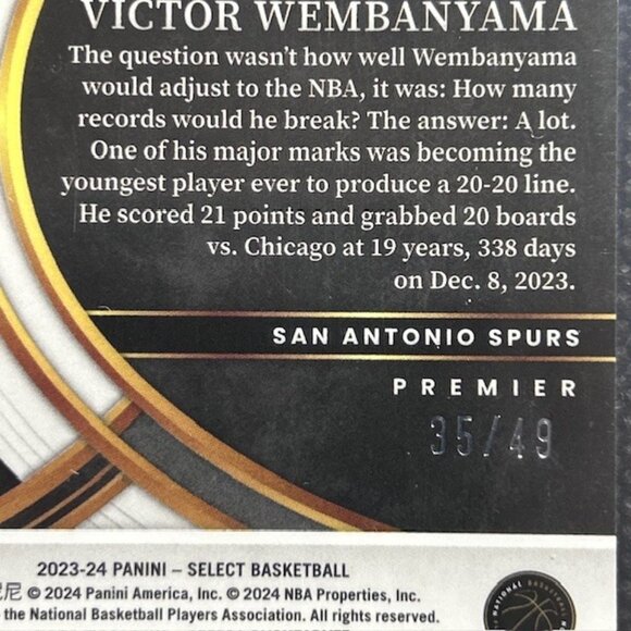 2024 Panini Select Victor Wembanyama Bronze Checker Die Cut Prizm /49 BGS 9 MINT - Picture 4 of 4